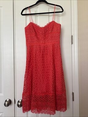 J. Crew Coral Red Lace Spaghetti-Strap Dress